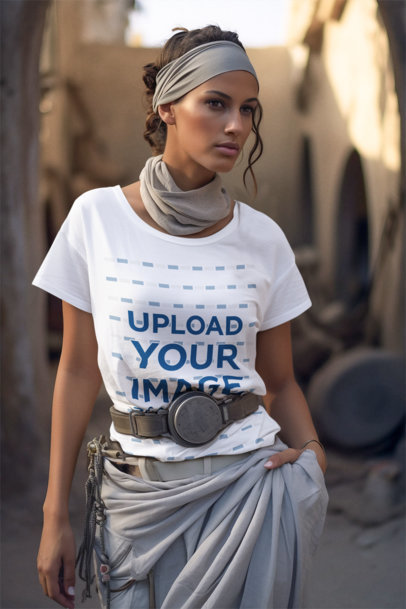 T-Shirt Mockup Featuring an AI-Created Woman With a May the 4th-Inspired Theme