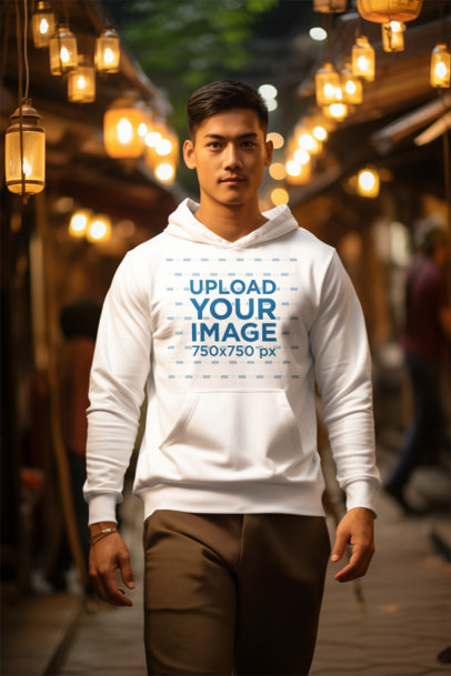 Pullover Hoodie Mockup of an AI-Generated Man Posing With a Serious Look