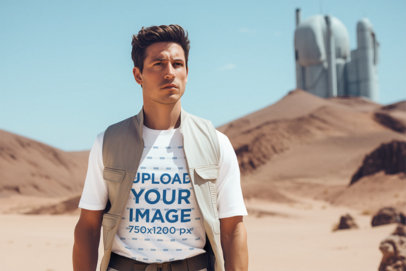 T-Shirt Mockup Featuring an AI-Generated Man in a Star Wars-Inspired Landscape
