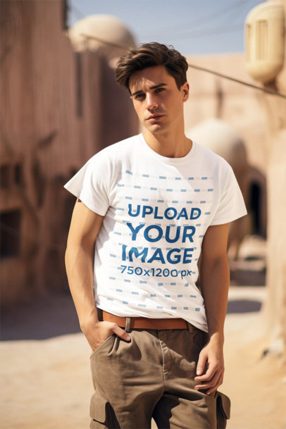 Round-Neck Tee Mockup of an AI-Created Man Posing in a Tatooine-Inspired Setting m37868