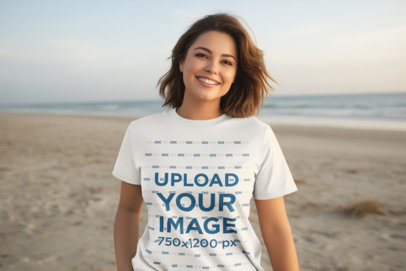 Earth Day-Themed Mockup of an AI-Generated Cheerful Woman With a Tee Posing in a Beach