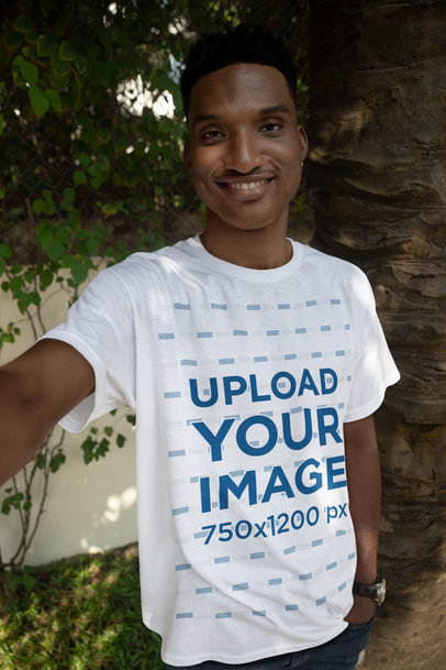 Selfie-Themed Mockup Featuring a Happy Man Wearing a Crewneck T-Shirt
