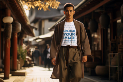 AI-Generated T-Shirt Mockup of a Man Walking on a Street by Japanese Buildings