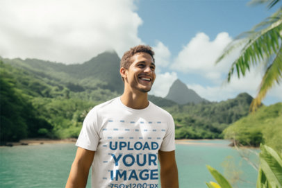 Earth Day-Themed Tee Mockup of a Happy Man Posing in Front of a Lake and Mountains