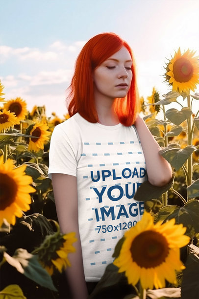 T-Shirt Mockup of an AI-Created Woman Surrounded by Sunflowers