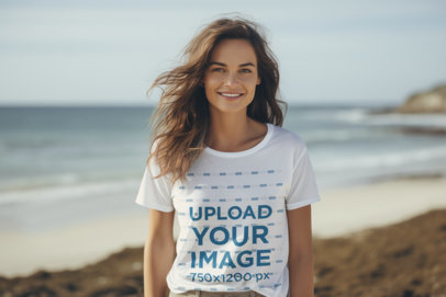 T-Shirt Mockup of a Woman with Long Hair Standing by the Beach to Celebrate Earth Day