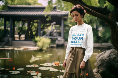 Sweatshirt Mockup of an AI-Created Woman Standing Near a Pond m37473