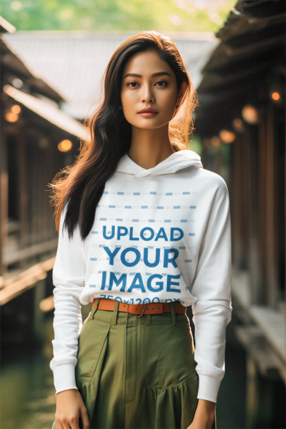 AI-Generated Mockup Featuring a Woman with Long Hair Wearing a Pullover Hoodie