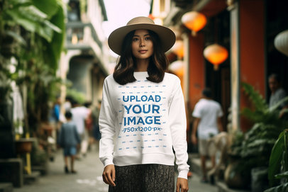 Mockup of an AI-Generated Woman Wearing a Round-Neck Sweatshirt on a Street