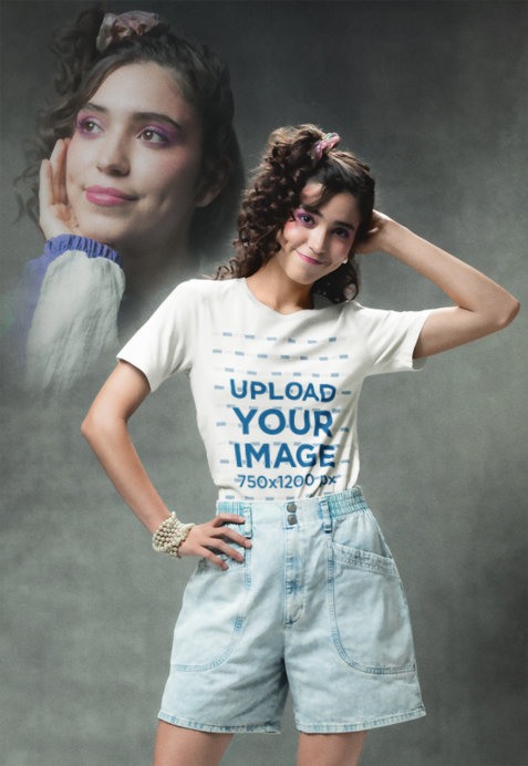 Bella Canvas Tee Mockup of a Smiling Woman in an 80s Awkward Portrait