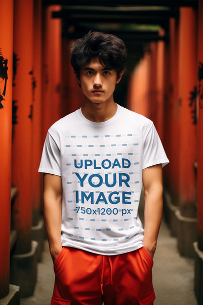 T-Shirt Mockup Featuring an AI-Created Serious Man Posing in a Historical Landscape