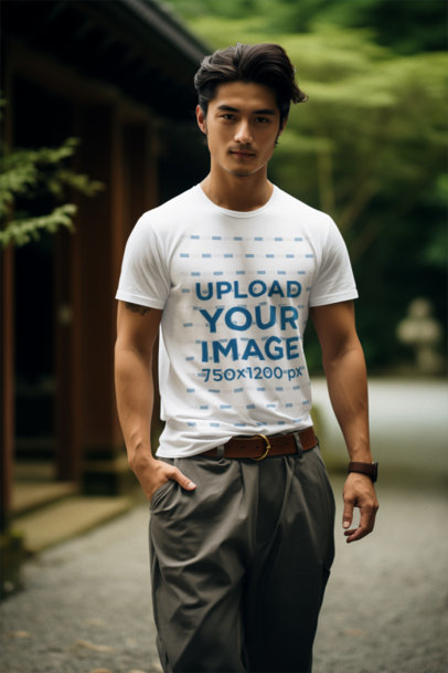 Round-Neck Tee Mockup of a Serious AI-Created Man Posing in a Nice Landscape