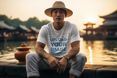 AI-Generated Mockup of a Man Sitting Against a Lake