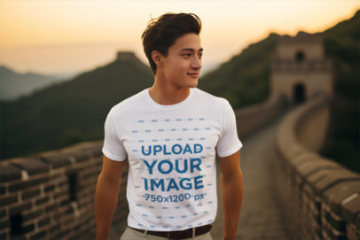 Mockup of an AI-Generated Man Wearing a Round-Neck Tee at The Great Wall of China m37738