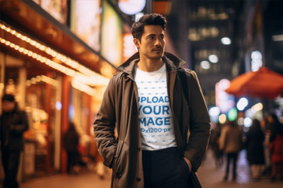 T-Shirt Mockup of an AI-Created Man Walking on the Street at Night