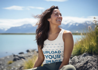Tank Top Mockup Featuring a Happy AI-Created Woman Sitting Near a River for Earth Day
