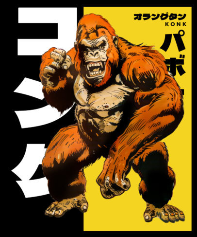 T-Shirt Design Template Featuring an Aggressive Gorilla Illustration Inspired by Kaijus 6894c