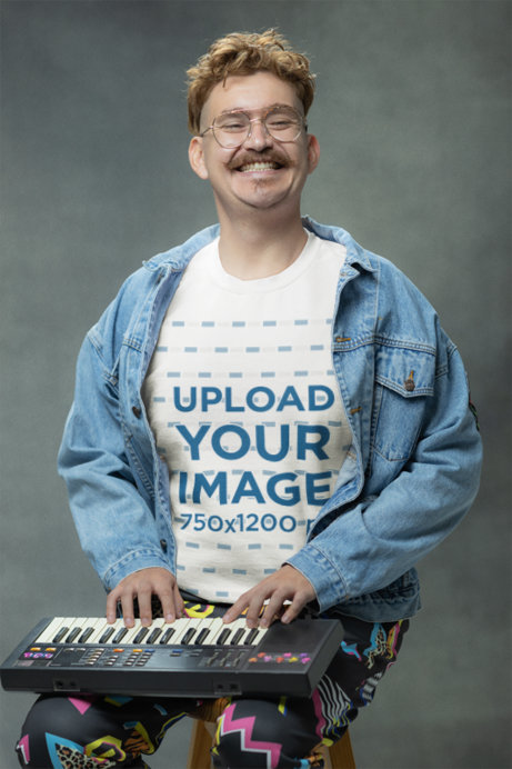 Crewneck Sweatshirt Mockup Featuring an Excited  Man in a Retro Style Playing With a Keyboard