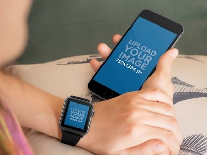 Mockup of an Apple Watch And iPhone 6 Over Couch