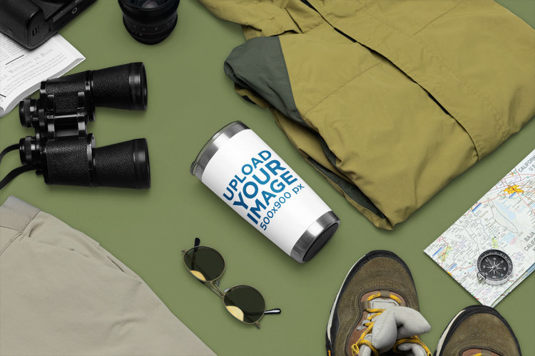 Travel-Themed Mockup Featuring a Travel Mug Placed Next to Binoculars and Sunglasses