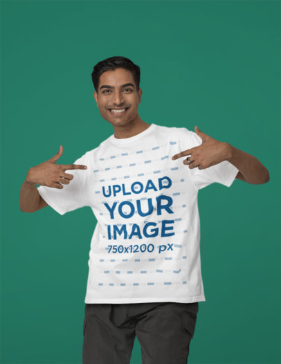 Mockup of a Smiling Man Pointing at His New Blinkstore Crewneck T-Shirt