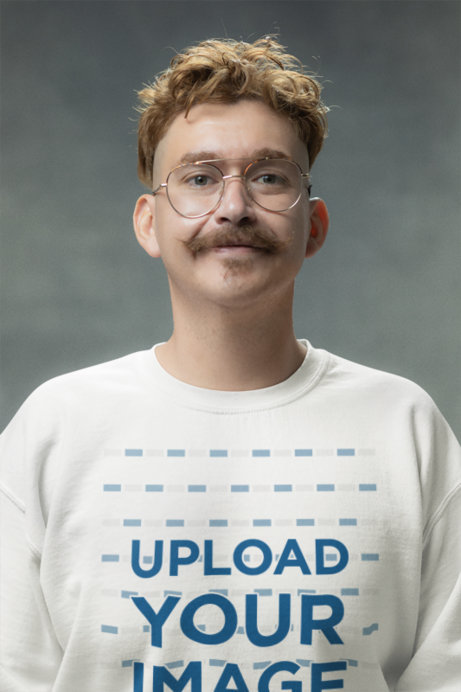 Retro Mockup of a Happy Man with a Mustache Wearing a Crewneck Sweatshirt in a Studio