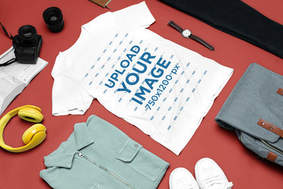 Outfit Mockup Featuring a Bella Canvas T-Shirt Flat Laid Next to Travel Items m37451