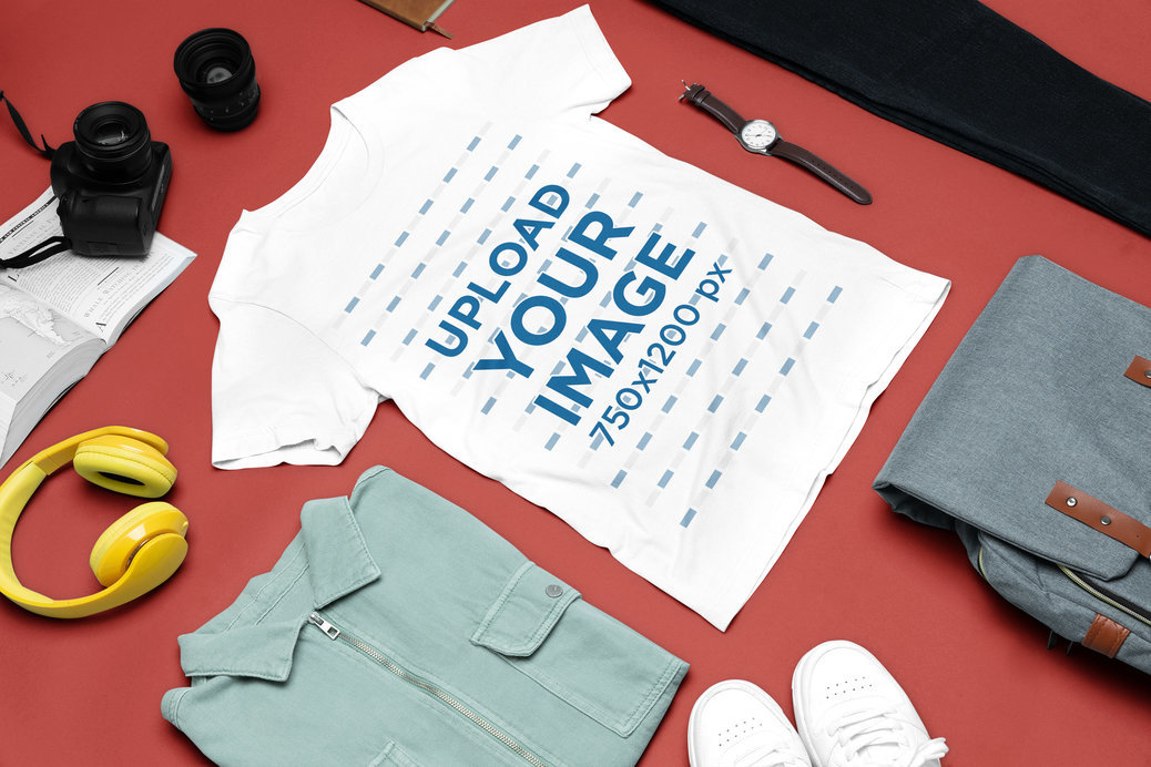 Outfit Mockup Featuring a Bella Canvas T-Shirt Flat Laid Next to Travel Items