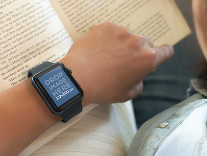Woman Wearing an Apple Watch and Reading a Book Mockup Template