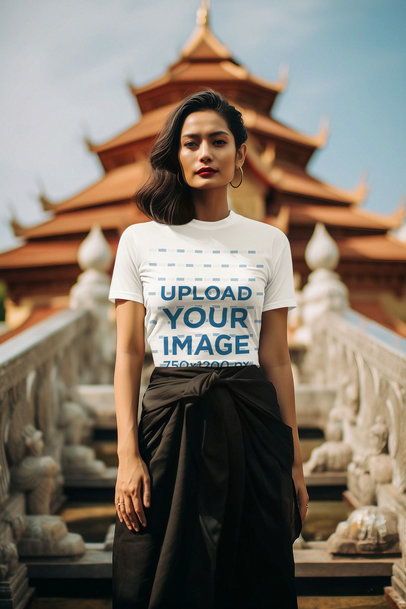 AI-Created Mockup of a Woman Wearing a Crewneck T-Shirt in Front of a Japanese Building