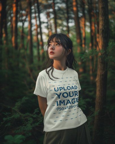 Round-Neck Tee Mockup Featuring an AI-Generated Woman Standing in a Forest for Earth Day