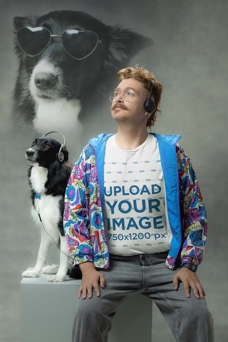Retro Long Sleeve Tee Mockup Featuring a Man Posing with His Dog in a Studio