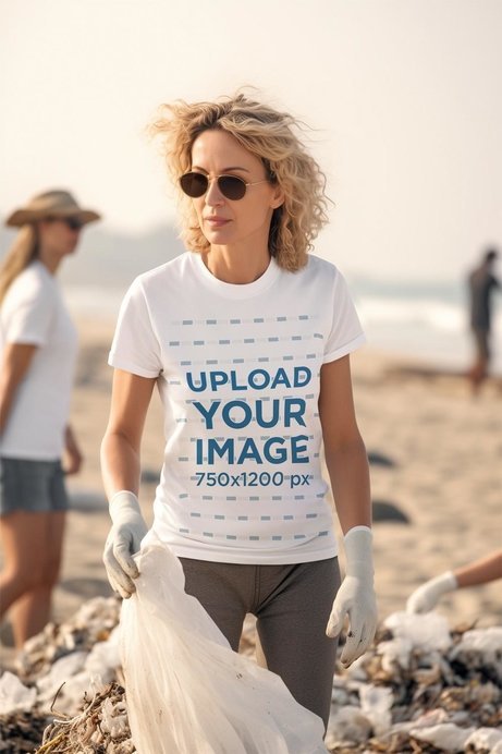 AI-Generated Tee Mockup of a Woman Picking Up Trash at the Beach for Earth Day