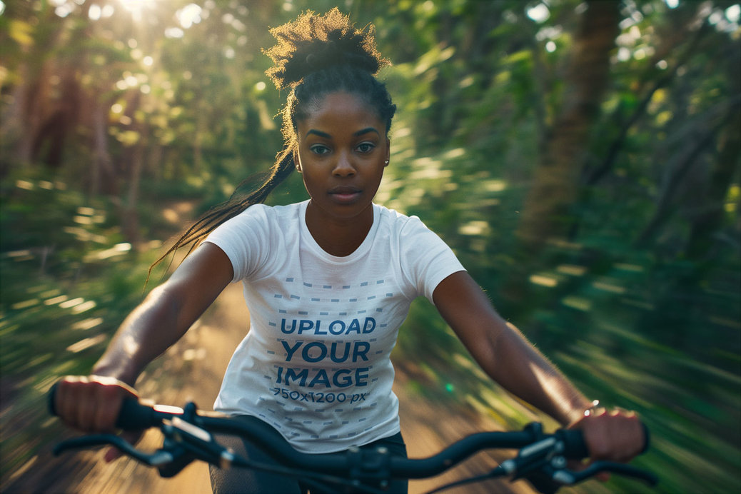 Round-Neck Tee Mockup of an AI-Created Woman Riding a Mountain Bike