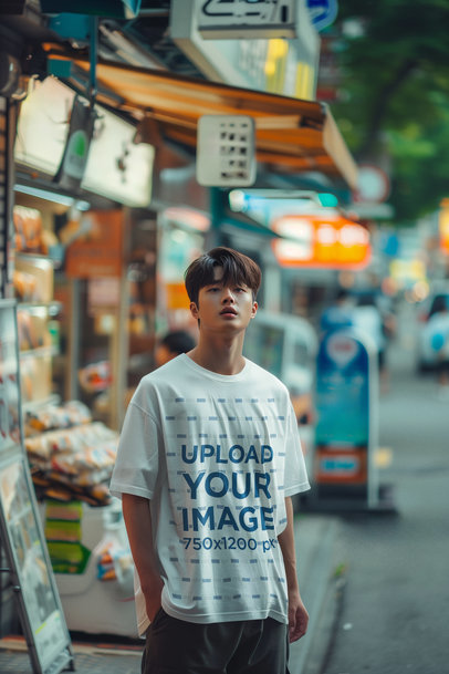 AI-Generated Mockup of a Man Wearing an Oversized Crewneck T-Shirt on the Street