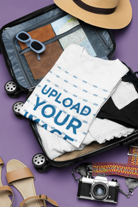 Travel Outfit Mockup of a Bella Canvas T-Shirt Folded over an Open Suitcase