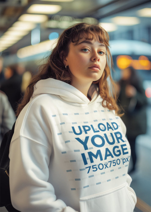 Hoddie Mockup of an AI-Created Woman Waiting in the Subway