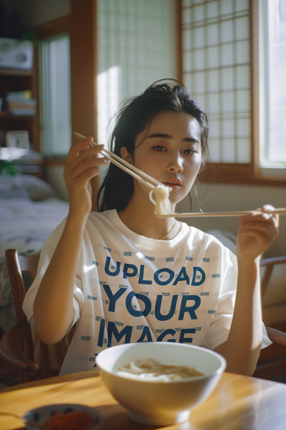 T-Shirt Mockup of an AI-Created Woman Eating Noodles at Home