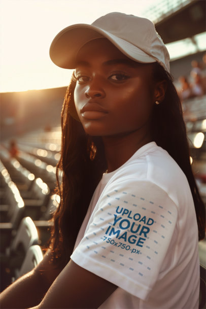 Mockup of an AI-Created Woman Wearing a Tee with a Customizable Sleeve in a Stadium