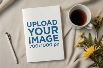 Mockup of an AI-Generated Book Placed Near a Cup of Coffee and Some Flowers m38102