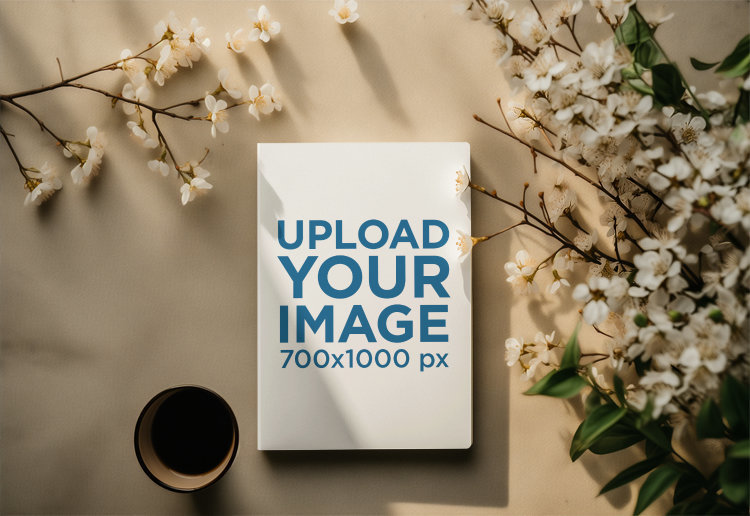 Book Mockup Featuring an AI-Created Setting and White Flowers