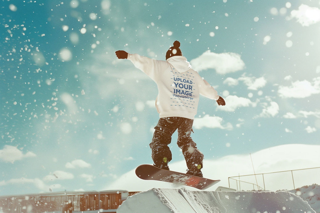 Back-View Hoodie Mockup of an AI-Created Person Snowboarding