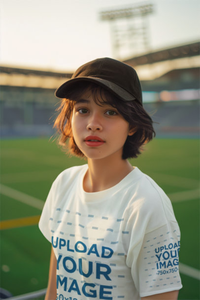 T-Shirt Mockup of an AI-Generated Teenage Girl in a Baseball Stadium