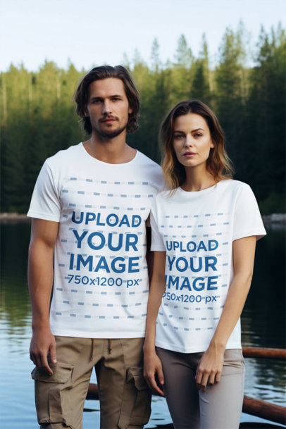 Outdoor-Themed Mockup Featuring an AI-Generated Man and Woman Wearing T-Shirts