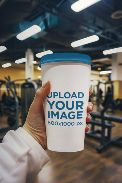 AI-Generated Mockup of a Woman Holding a Reusable Cup in a Gym m38501