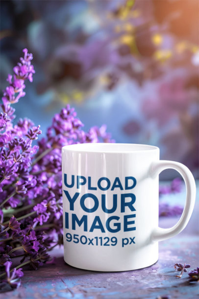 AI-Generated Mockup Featuring an 11 Oz Coffee Mug Surrounded by Lavender Plants