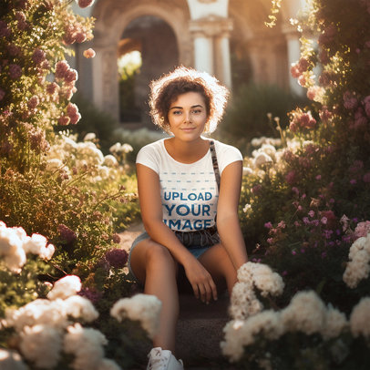 AI-Created Mockup of a Smiling Woman With a T-Shirt Posing in a Floral Garden