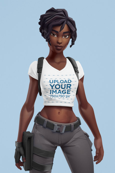 AI-Created V-Neck Tee Mockup Featuring a 3D Female Character Inspired by Fortnite