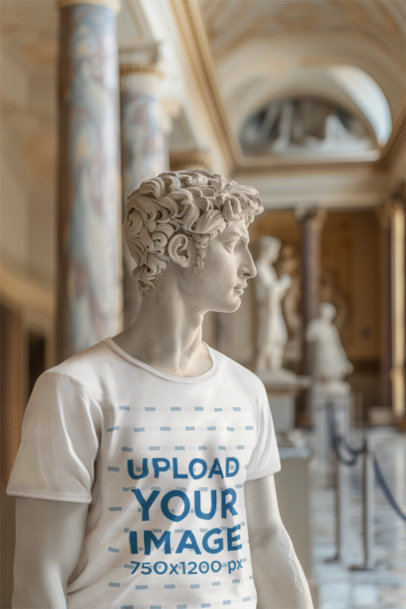 Mockup of an AI-Created Marble Male Statue Wearing a T-Shirt in a Museum