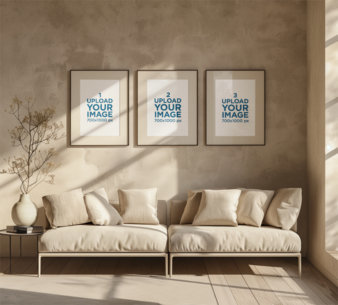 Mockup of Three Art Prints Generated by AI in a Room with Minimalist Furniture m38329
